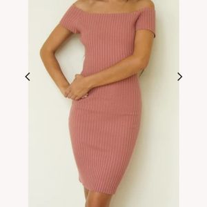 Ribbed Knit Off Shoulder Sheath Dress